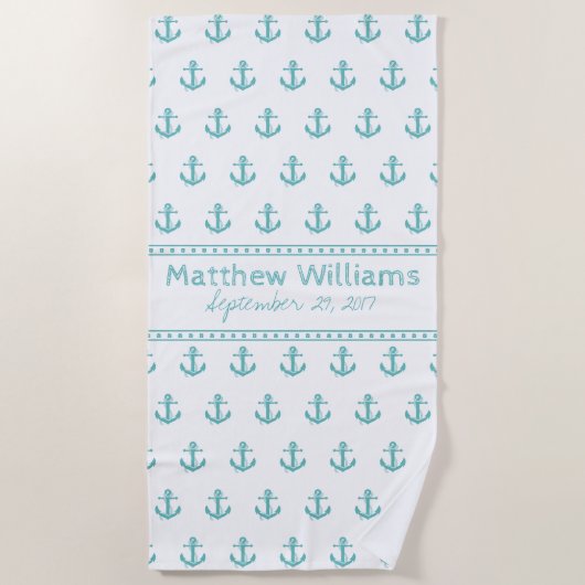 Türkis-Türkis Anchor Custom Beach Handtuch (Vorderseite)