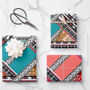 Türkis - Türkis und Korallen-Retro-Muster Geschenkpapier Set