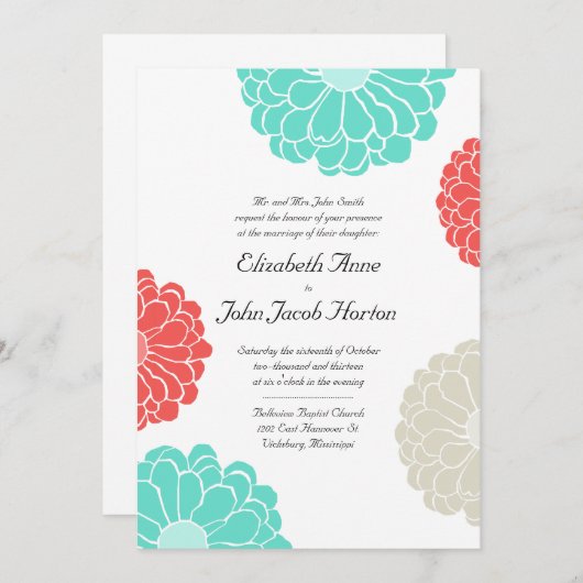 Türkis-u. Korallezinnia-Blumen-Hochzeits-Einladung Einladung (Vorne/Hinten)