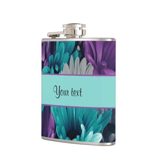 Türkis u. lila Gänseblümchen Flachmann (Links)