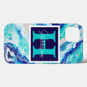 Türkis und Blauer Marmor Monogram Name Beachy Case-Mate iPhone Hülle (Rückseite (Horizontal))