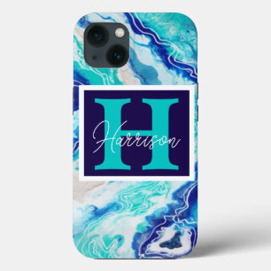 Türkis und Blauer Marmor Monogram Name Beachy Case-Mate iPhone Hülle