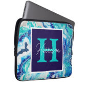 Türkis und Blauer Marmor Monogram Name Beachy Laptopschutzhülle (Vorne Rechts)