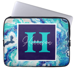 Türkis und Blauer Marmor Monogram Name Beachy Laptopschutzhülle
