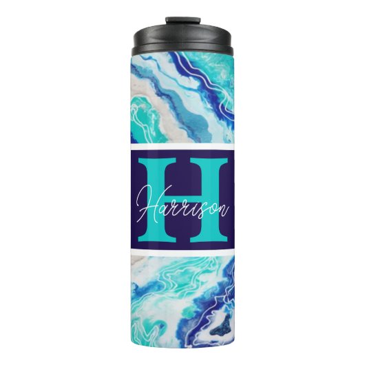 Türkis und Blauer Marmor Monogram Name Beachy Thermosbecher (Vorderseite)