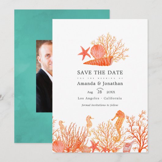 Türkis und Coral Beach Hochzeitsfest Foto Save The Date (Vorne/Hinten)