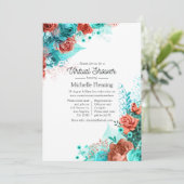 Türkis und Coral Floral Virtual Baby Dusche Einladung (Stehend Vorderseite)