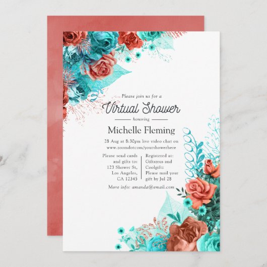 Türkis und Coral Floral Virtual Baby Dusche Einladung (Vorne/Hinten)