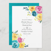 Türkis und Gelb-Flora QR-Code UAWG Wedding Einladung (Vorne/Hinten)