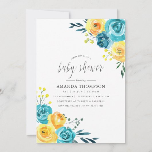 Türkis und Gelb Wasserfarben Blütendusche Einladung (Vorderseite)