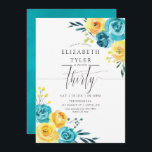 Türkis und Gelbe Blüte 30. Geburtstag Party Einladung<br><div class="desc">Türkis und gelb - aquamarin und Zitronenblüte 30. Geburtstag Einladung mit Akzenten von Korallen mit aquarelle Blume und Blätter.</div>