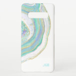 Türkis- und Gold-Agate-Muster mit Monogramm Samsung Galaxy S10  Hülle<br><div class="desc">Dieses hübsche, von der Natur inspirierte Muster in trendigen, modernen Farbtönen zeichnet sich durch ein Marmorbandmuster in Aqua, Türkis, lila und Gold auf weißem Hintergrund aus. Eine Textvorlage ist für die Personalisierung mit Ihren Monogramm-Initialen oder anderen gewünschten Text enthalten. Sie können auch das Beispielmonogramm ganz löschen, wenn Sie dieses schöne...</div>