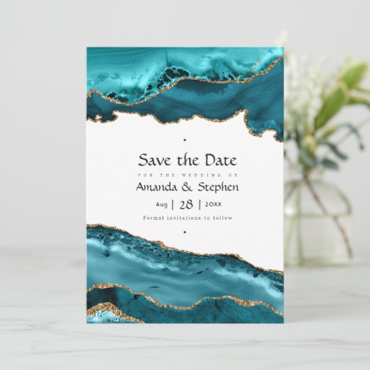 Türkis und Gold Agate Wedding speichern das Datum Save The Date (Stehend Vorderseite)