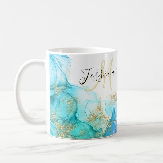 Türkis und Gold Alkohol Tinte & Name Kaffeetasse (Links)