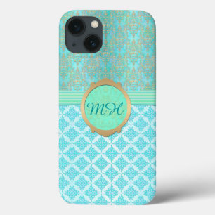 Türkis und Gold Damask Custom Monogram Muster Case-Mate iPhone Hülle