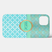 Türkis und Gold Damask Custom Monogram Muster Case-Mate iPhone Hülle (Rückseite (Horizontal))