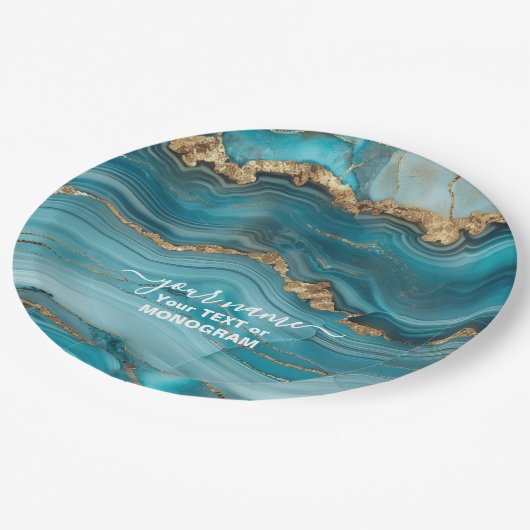 Türkis und Gold Glitzer Agate Pappteller (Schrägansicht)