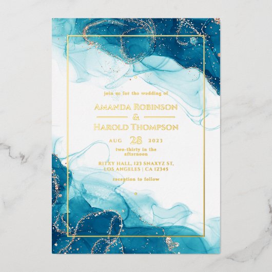Türkis und Gold Tinte Hochzeitsfolie Einladung (Vorderseite)