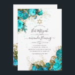 Türkis und Gold Vintage Flora Bat Mitzvah Einladung<br><div class="desc">Türkisfarbene und goldfarbene,  schimmernde Blume flederten die Mitzvah-Einladung mit eleganter Handschrift-Typografie.</div>