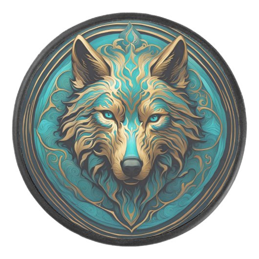 Türkis und Gold Wolf Eishockey Puck (Vorderseite)