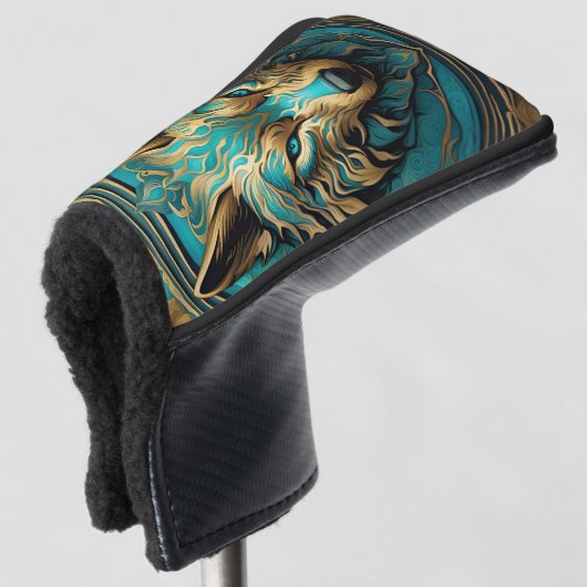 Türkis und Gold Wolf Golf Headcover (3/4 Vorderseite)