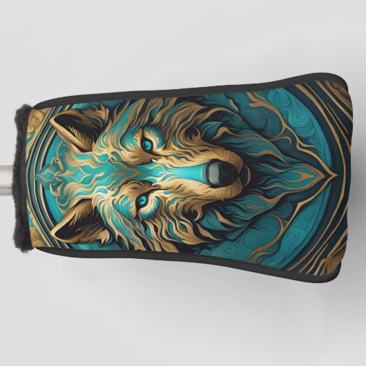 Türkis und Gold Wolf Golf Headcover (Vorderseite)