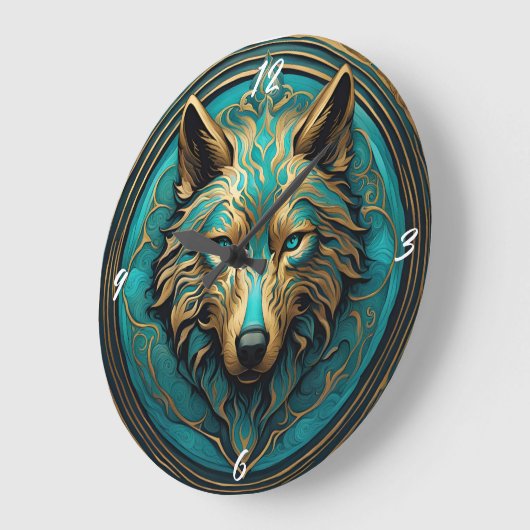 Türkis und Gold Wolf Große Wanduhr (Winkel)