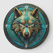 Türkis und Gold Wolf Große Wanduhr (Vorderseite)