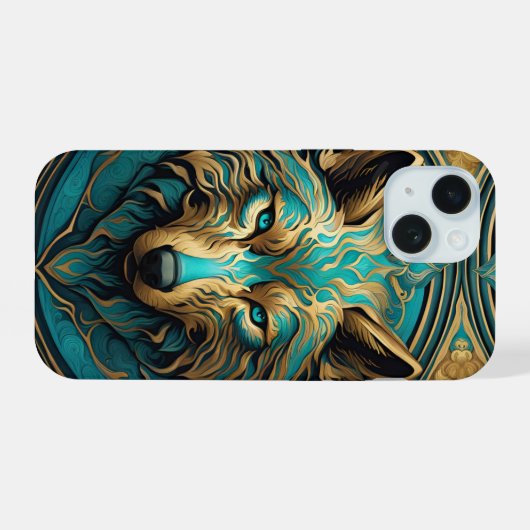 Türkis und Gold Wolf iPhone 15 Hülle (Rückseite (Horizontal))