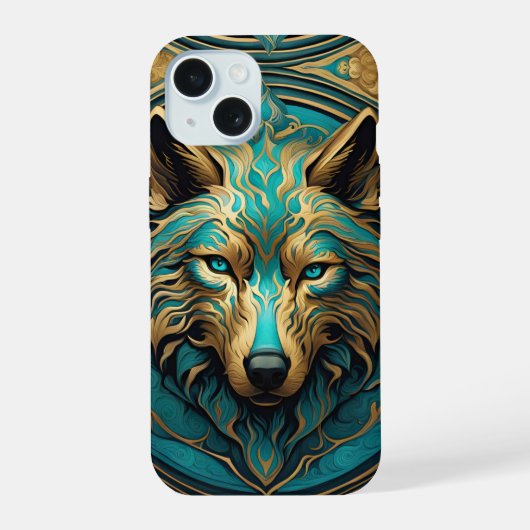 Türkis und Gold Wolf iPhone 15 Hülle (Rückseite)