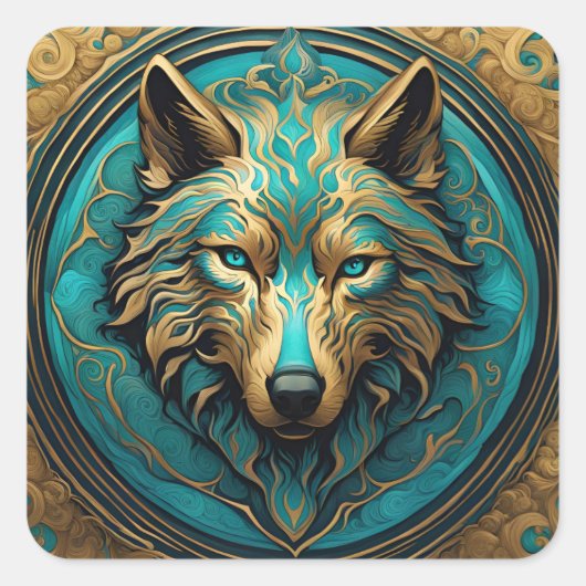 Türkis und Gold Wolf Quadratischer Aufkleber (Vorderseite)