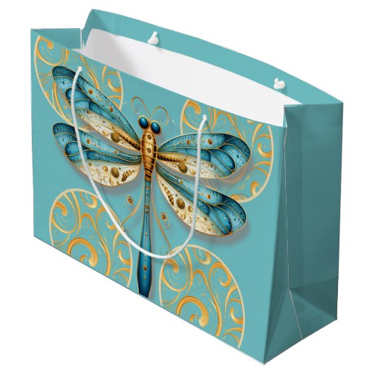 Türkis und Golddragonfly Große Geschenktüte (Rückseite Schrägansicht)