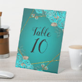 Türkis und Goldflorale Hochzeitsfeier Tischnummer Sockelschild (In SItu)