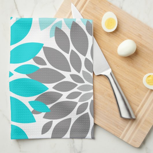 Türkis und Grau-Chrysanthemen Blumenmuster Handtuch (Viertel Falte)