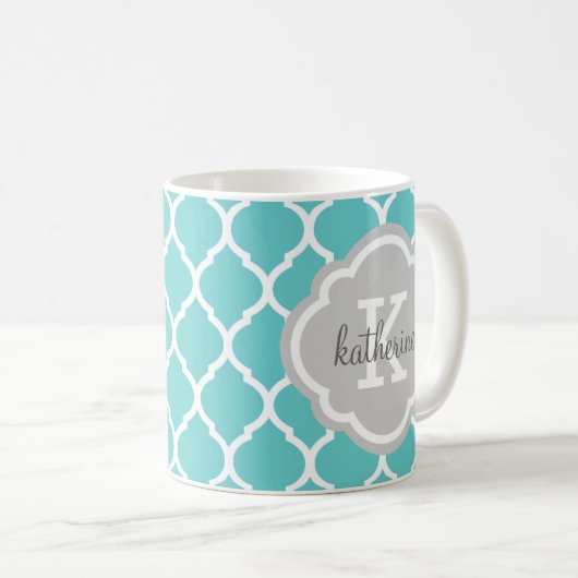 Türkis und Graumarokkanisches Monogramm Kaffeetasse (VorderseiteRechts)