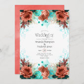 Türkis und Korallen Rustikale Blumenhochzeit Einladung (Vorne/Hinten)