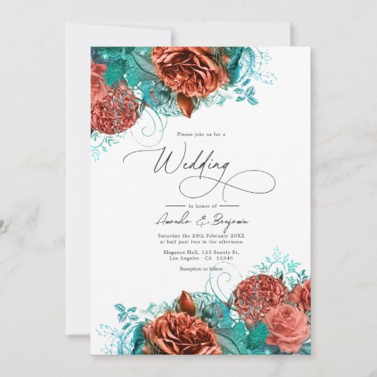 Türkis und Korallen Rustikale Blumenhochzeit Einladung (Vorderseite)