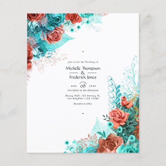 Türkis und Korallen Rustikale Hochzeit mit Blumen Flyer (Vorne)