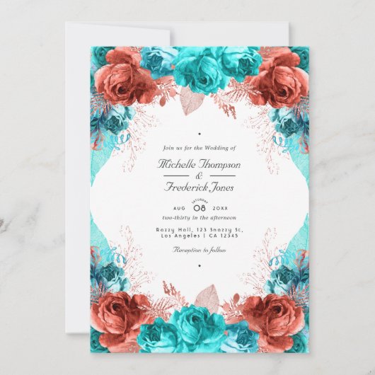 Türkis und Korallen Rustikaler QR-Code Hochzeit Einladung (Vorderseite)