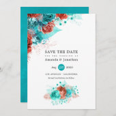 Türkis und Korallenblume Glitzer Hochzeit Save The Date (Vorne/Hinten)