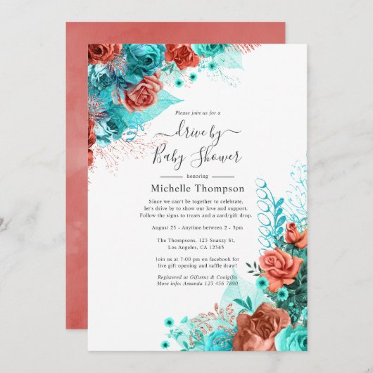 Türkis- und Korallenblumenantrieb mit Dusche Einladung (Vorne/Hinten)