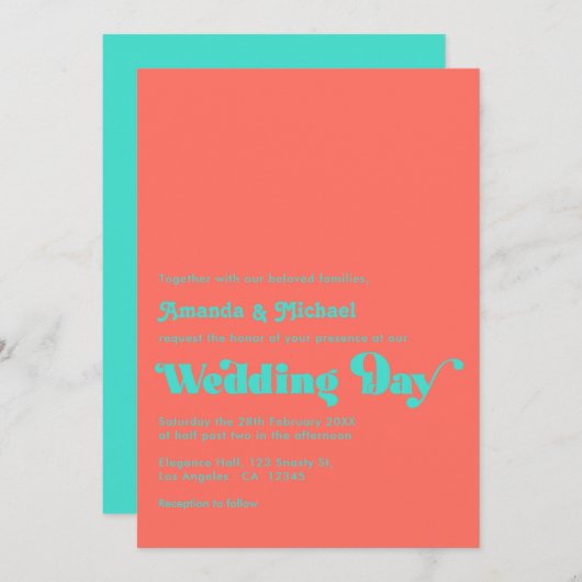 Türkis- und Korallenhochzeit Einladung (Vorne/Hinten)