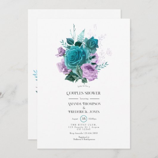 Türkis- und Lavendel-Blütendusche Einladung (Vorne/Hinten)