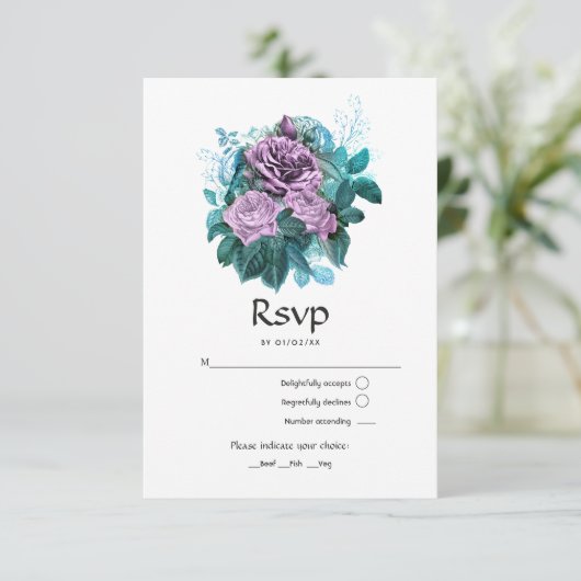 Türkis und Lavender Floral Wedding RSVP Karte (Stehend Vorderseite)