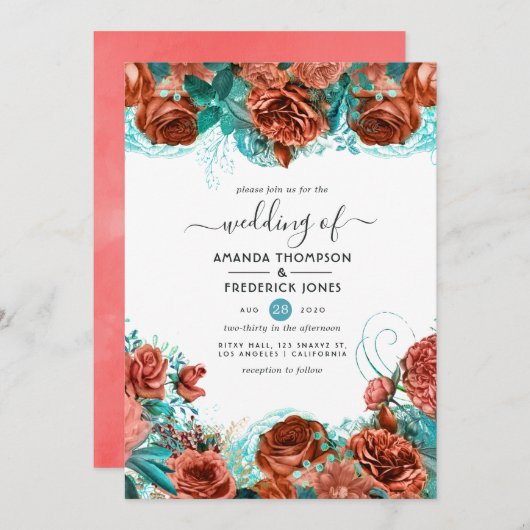 Türkis und lebende Koralle Rustikale Blumenhochzei Einladung (Vorne/Hinten)