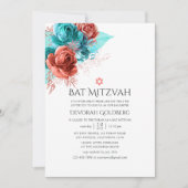 Türkis und lebende Korallen Floral Bat Mitzvah Einladung (Vorderseite)