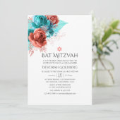Türkis und lebende Korallen Floral Bat Mitzvah Einladung (Stehend Vorderseite)