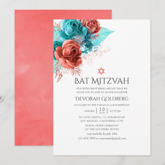 Türkis und lebende Korallen Floral Bat Mitzvah Einladung (Vorne/Hinten)