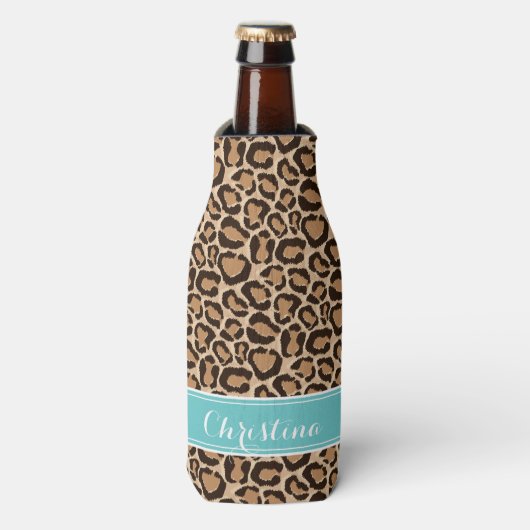 Türkis und Leopard Print Custom Monogram Flaschenkühler (Flaschenvorderseite)