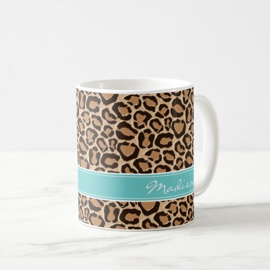 Türkis und Leopard Print Custom Monogram Kaffeetasse (VorderseiteRechts)